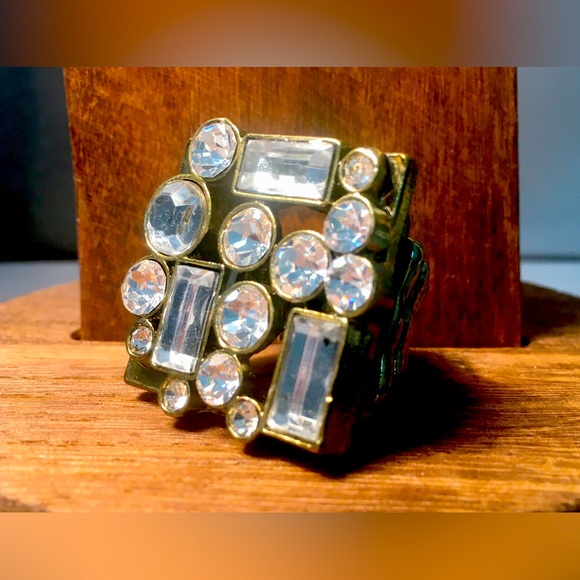 VINTAGE Metallic Silver Statement ring Rhinestone Vintage Brass tone adjustable - Picture 3 of 10